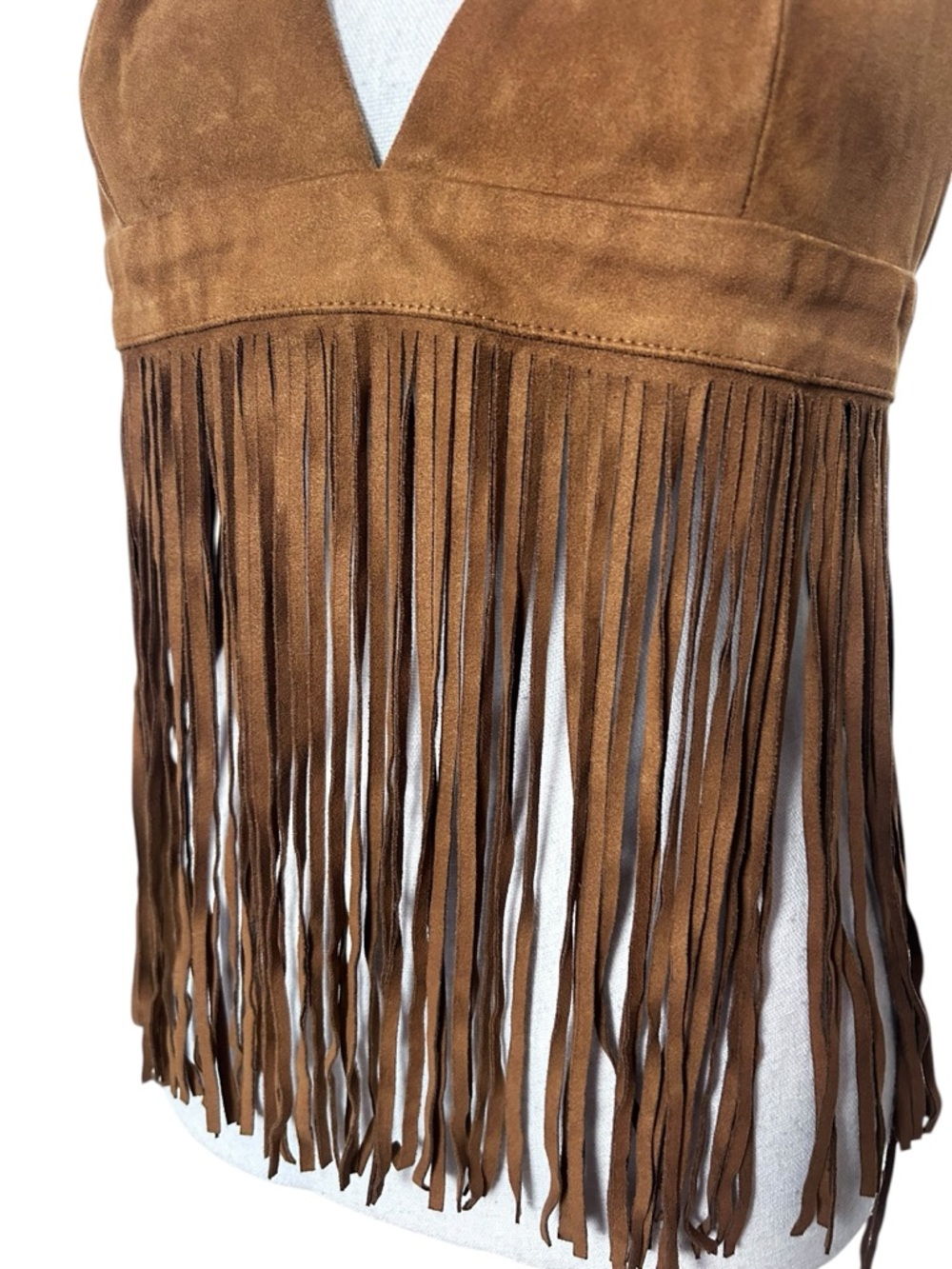 Forever 21 Faux Suede Fringe Halter Top Brown Boho Festival Western Size M - Picture 3 of 7